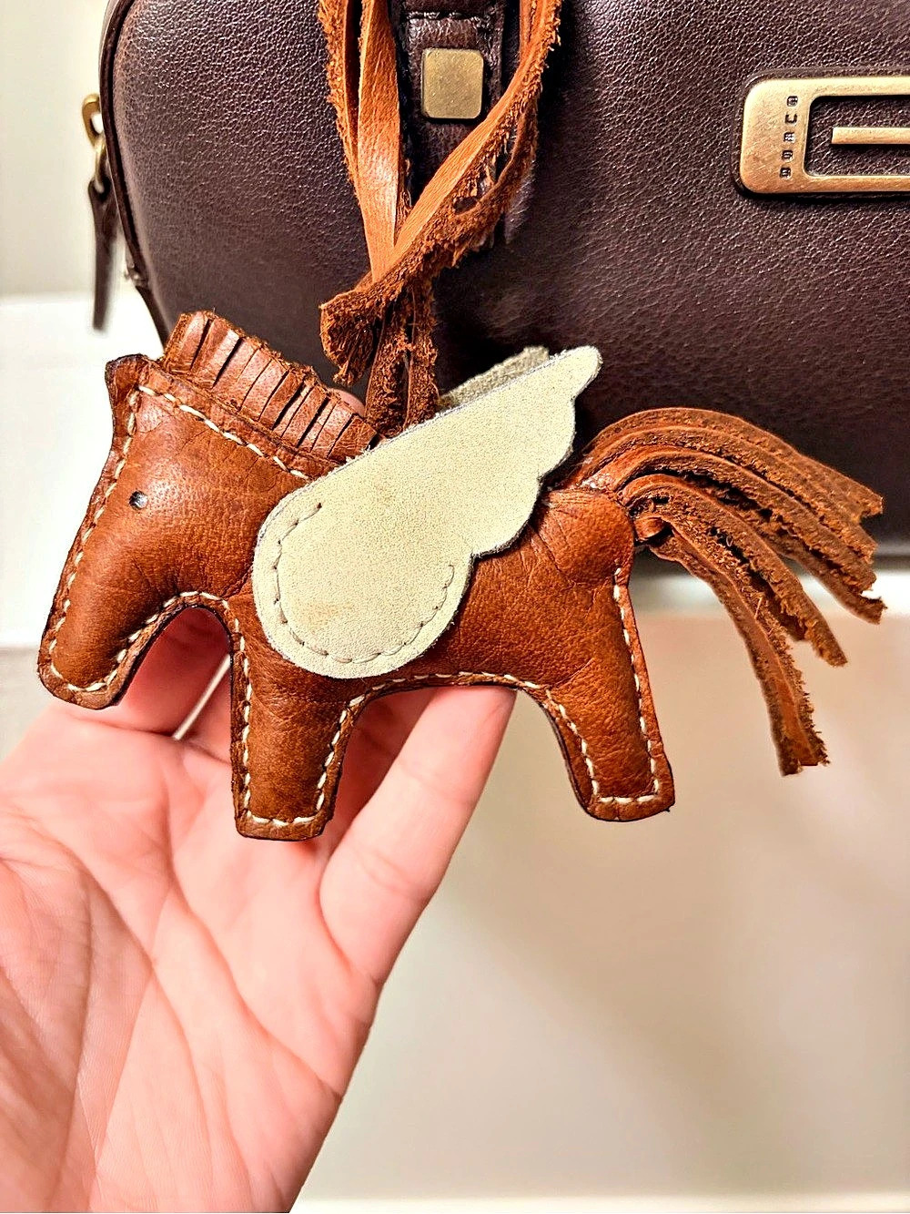 Recycled Leather Horse Bag Charm Brown & Cream